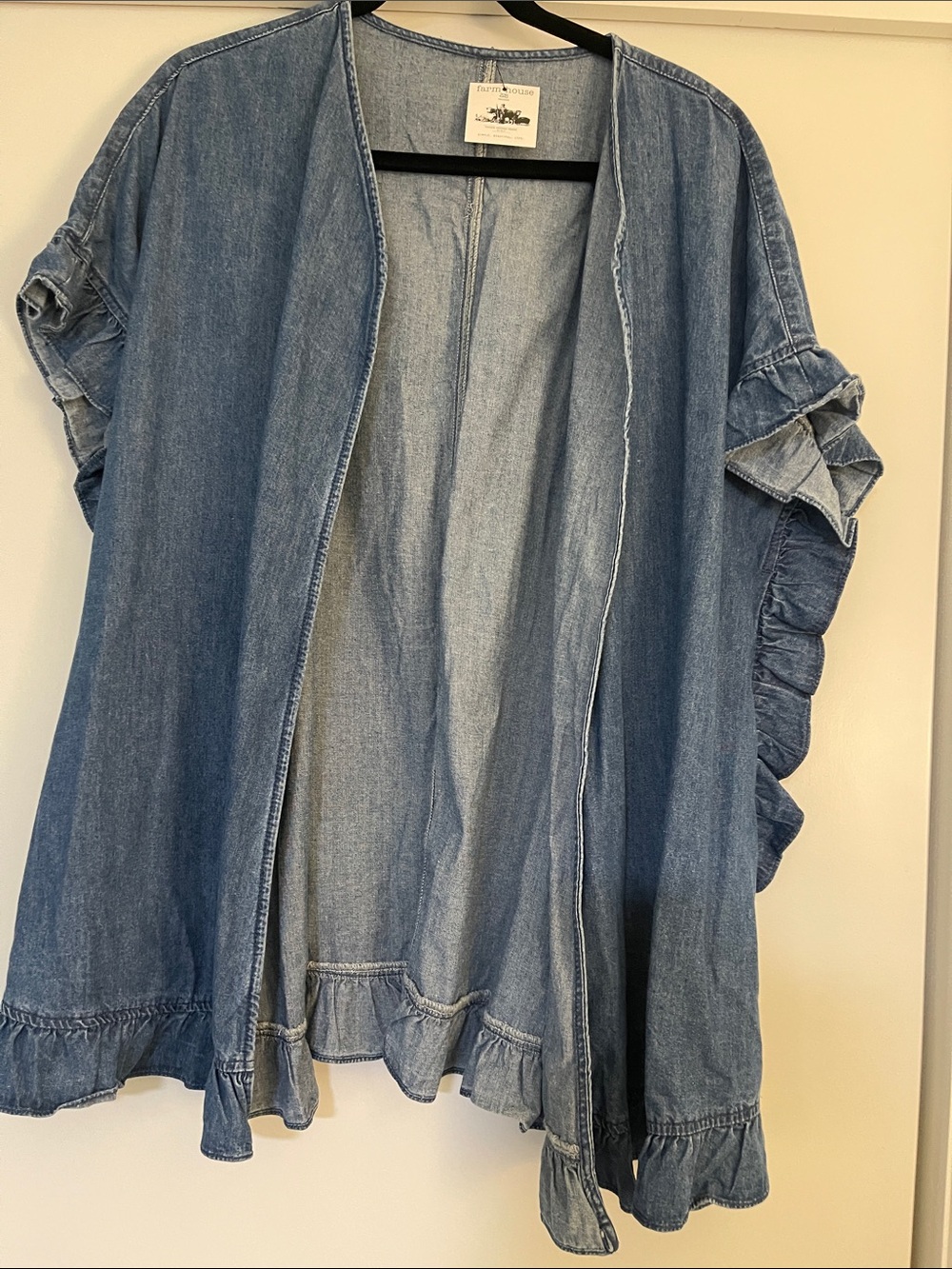 Denim Ruffle Open Front Jacket - Light Blue